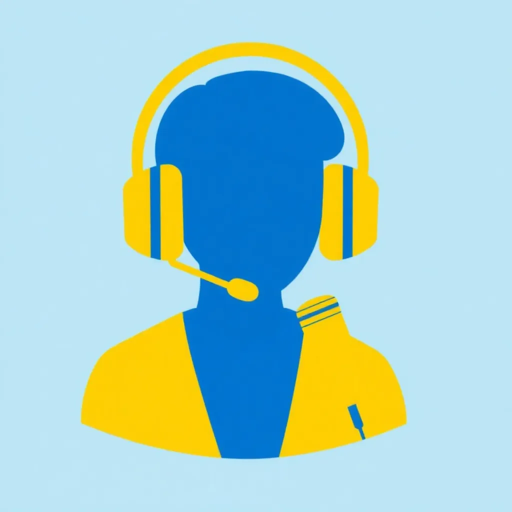 Icono de atención al cliente con auriculares y micrófono en azul y amarillo